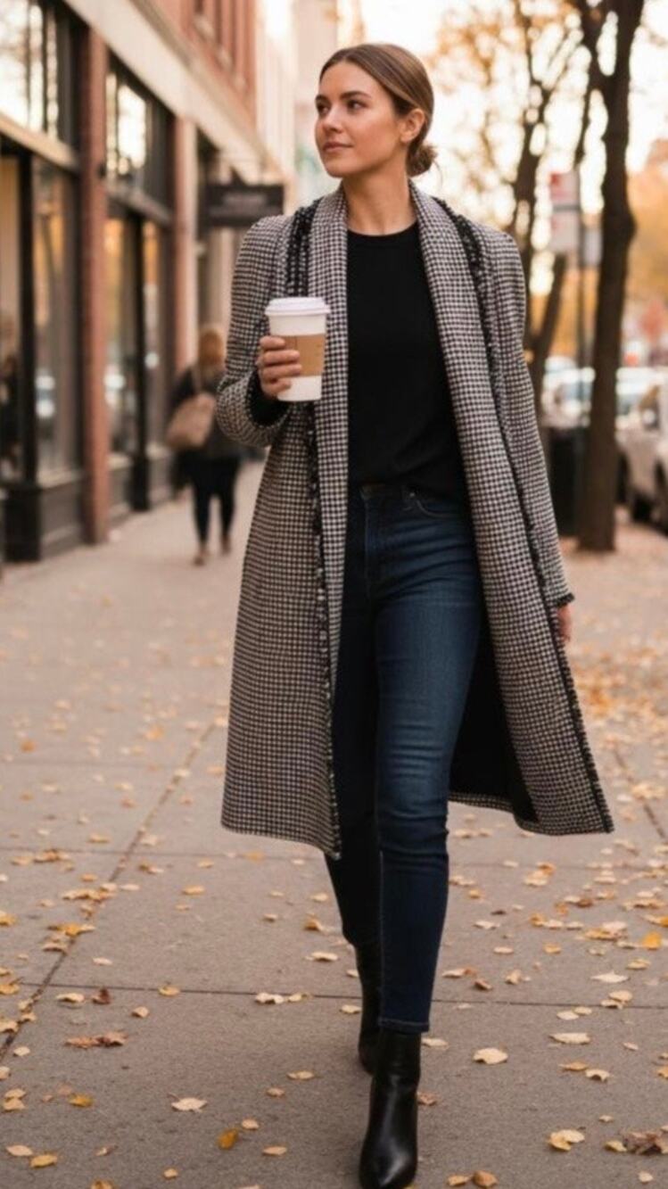 Portrait Petite Houndstooth Longline Coat Cardigan Cream Black Open Front Small